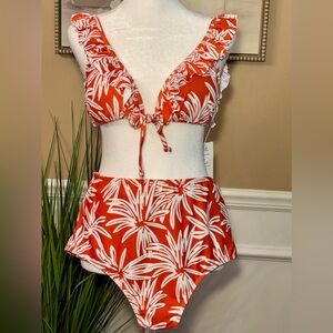 NEW 🌺 Tropical Orange-Red 2-piece Swimsuit with Ruffles Size XL